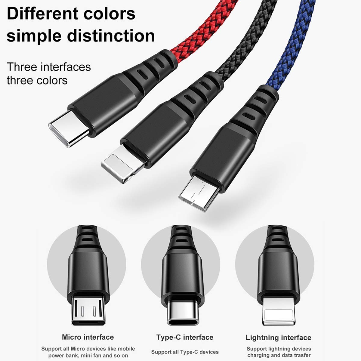 3-in-1 Multi Charging USB Cable Cord with Type-C/Micro USB/Lightning Port,  1.2 m